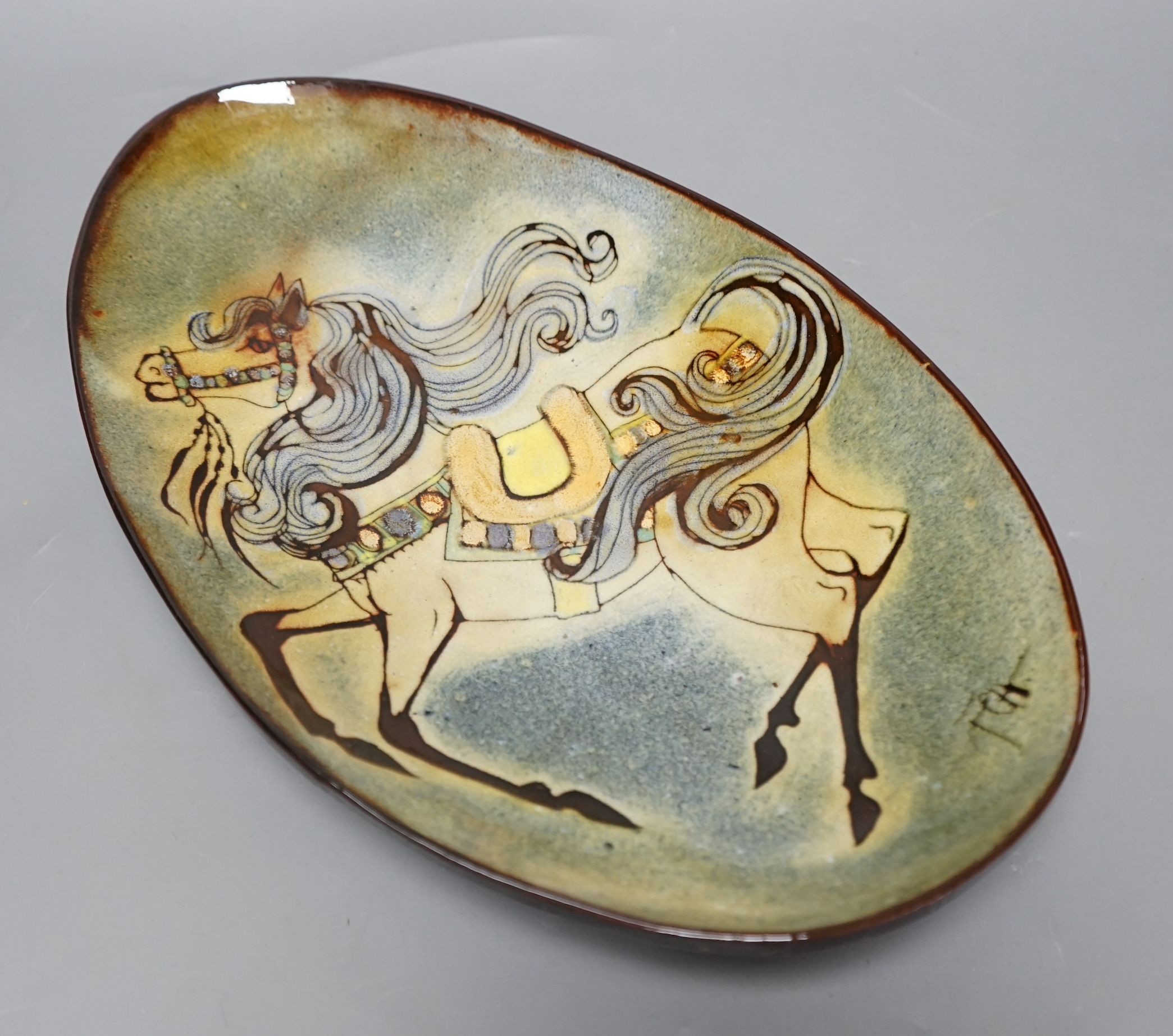 A Chelsea pottery polychrome oval dish by Joyce Morgan, 39cms long